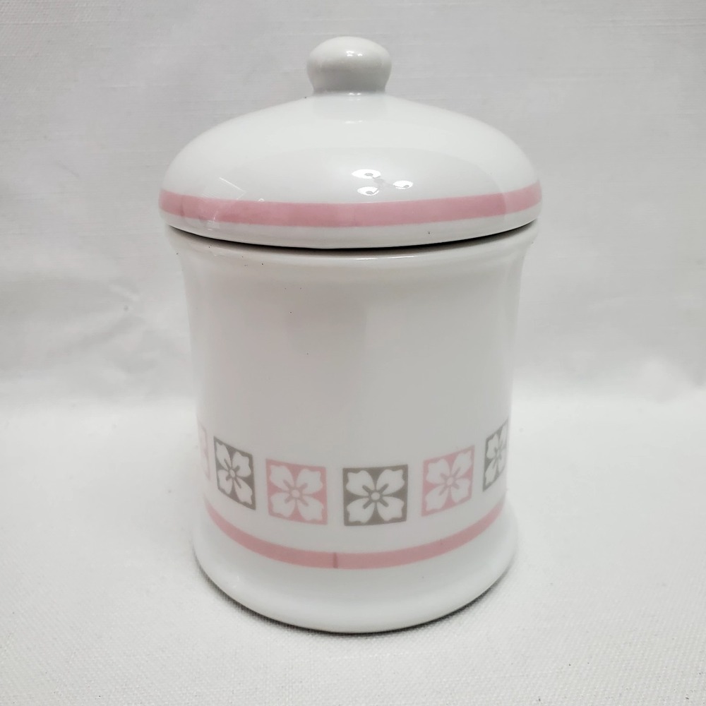 Vintage 1987 Avon Porcelain Apothecary Powder Jar Pink/Gray Accents 5" Tall